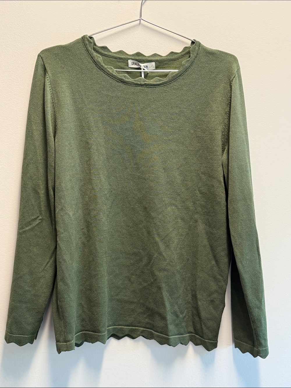 Grace Karin Olive Green Scallop-Trim Crewneck Sweater